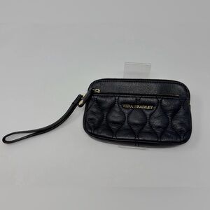 Vera Bradley Black Quilted Leather Wristlet Wallet Gold Logo Zip Pouch